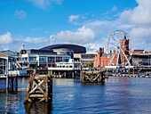 View towards Ferris Wheel and Pierhead Building, Cardiff, Wales, United Kingdom, Europe