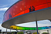 The installation Your Rainbow Panorama, a circular skywalk with windows in the colors of the rainbow, by Olafur Eliasson, a Danish-Icelandic artist, on top of ARoS Aarhus Kunstmuseum, designed by Danish architects Schmidt Hammer Lassen, Aarhus, Jutland, Denmark, Europe