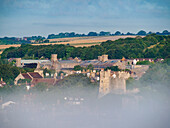 View towards Lewes Castle on a foggy morning, Lewes, East Sussex, England, United Kingdom, Europe