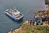 The Skomer ferry getting ready to pick up passengers on Skomer Island, off the coast of Pembrokeshire, Wales, United Kingdom, Europe