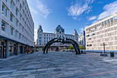 View of Victoria Terrasse and Turid Angell Eng sculpture in Johan Svendsens Plass, Oslo, Norway, Scandinavia, Europe