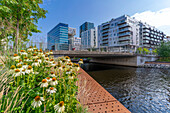 Blick auf die Barcode-Gebäude und Blumen an einem sonnigen Tag, Oslo, Norwegen, Skandinavien, Europa