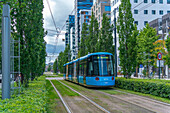 Blick auf die Straßenbahn im Barcode-Gebiet an einem sonnigen Tag, Oslo, Norwegen, Skandinavien, Europa