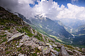 Beautiful hiking path on steep rocky and grassy slopes in the Italian Alps, Colle del Turlo, Vercelli, Piedmont, Italy, Europe