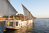 Dahabeah under sail, passenger river boat of the Lazuli fleet, sailing on the Nile river near Aswan, Egypt, North Africa, Africa