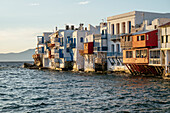 Little Venice at sunset, Chora (Mykonos Town), Mykonos Island, Cyclades, Greek Islands, Greece, Europe