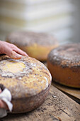 Close up of a man's hand rubbing off cheese mold