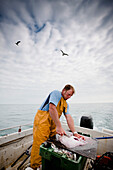 Fisherman standing in a boat cutting a fish