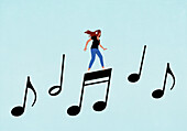 Woman with headphones dancing on musical note on blue background