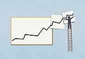 Businessman on ladder extending graph with ascending line