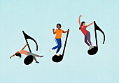 Happy women dancing on musical notes against blue background