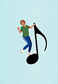 Happy woman dancing on musical note