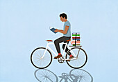 Man reading book while riding bicycle on blue background