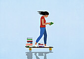 Woman with stack of books reading while skateboarding