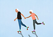 Active senior couple holding hands and roller skating