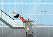 Carefree woman riding suitcase in airport