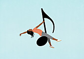 Carefree woman riding musical note on blue background