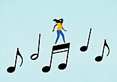 Woman with headphones dancing on musical note