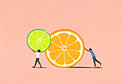 Couple carrying and pushing large orange and lime slices on pink background