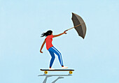 Girl with umbrella skateboarding in wind on blue background