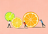 Family pushing large citrus fruit slices against pink background