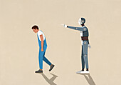 Robot pointing and dismissing man in overalls