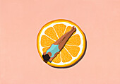 Woman in bathing suit sunbathing on orange slice against pink background