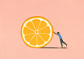 Man pushing large orange slice on pink background