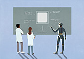 Robot and scientists examining microchip on blackboard