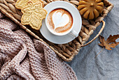 Fall flat lay with coffee and autumn decor