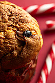 Close-up of a traditional Panettone with blurred candy canes