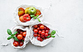 Freshly harvested tomatoes in eco-friendly bags on a light backg