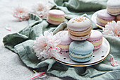 Beautiful colourful delicious macaroons on a concrete background
