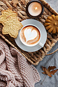 Fall flat lay with coffee and autumn decor