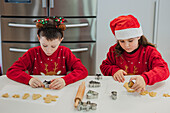 Zwillinge backen Weihnachtsplätzchen in festlicher Kleidung
