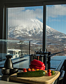 View of Mount Yotei from a kitchen in Hokkaido