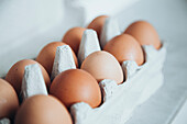 Fresh brown eggs in a cardboard box on a white background