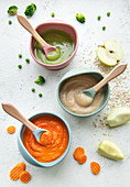 Healthy baby food in bowls