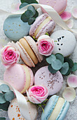 Beautiful colourful delicious macaroons on a concrete background