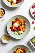 Elegant dessert plates with peaches and ice cream