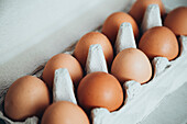 Fresh brown eggs in a cardboard box on a white background