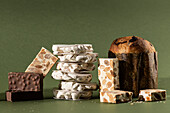 Various Christmas sweets and festive nougat arrangements