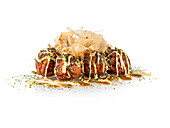 Japanese takoyaki balls baked with sauce and bonito flakes