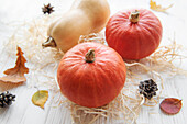 Autumn decorative pumpkins with fall leaves on wooden background