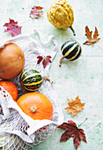 Autumnal composition with various pumpkins in an eco string bag