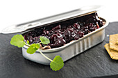 Opened Tin of Gourmet Black Bean Salad with Fresh Herbs