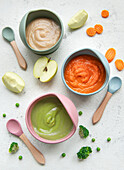 Healthy baby food in bowls
