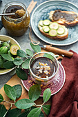 Floral tea and sandwiches with fresh feijoa jam and fruits