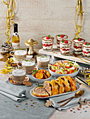 New Year's Eve buffet with meatloaf, mushroom cappuccino, smoked salmon salad and caramel cream
