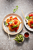Pasta Arrabiata with spiced edamame